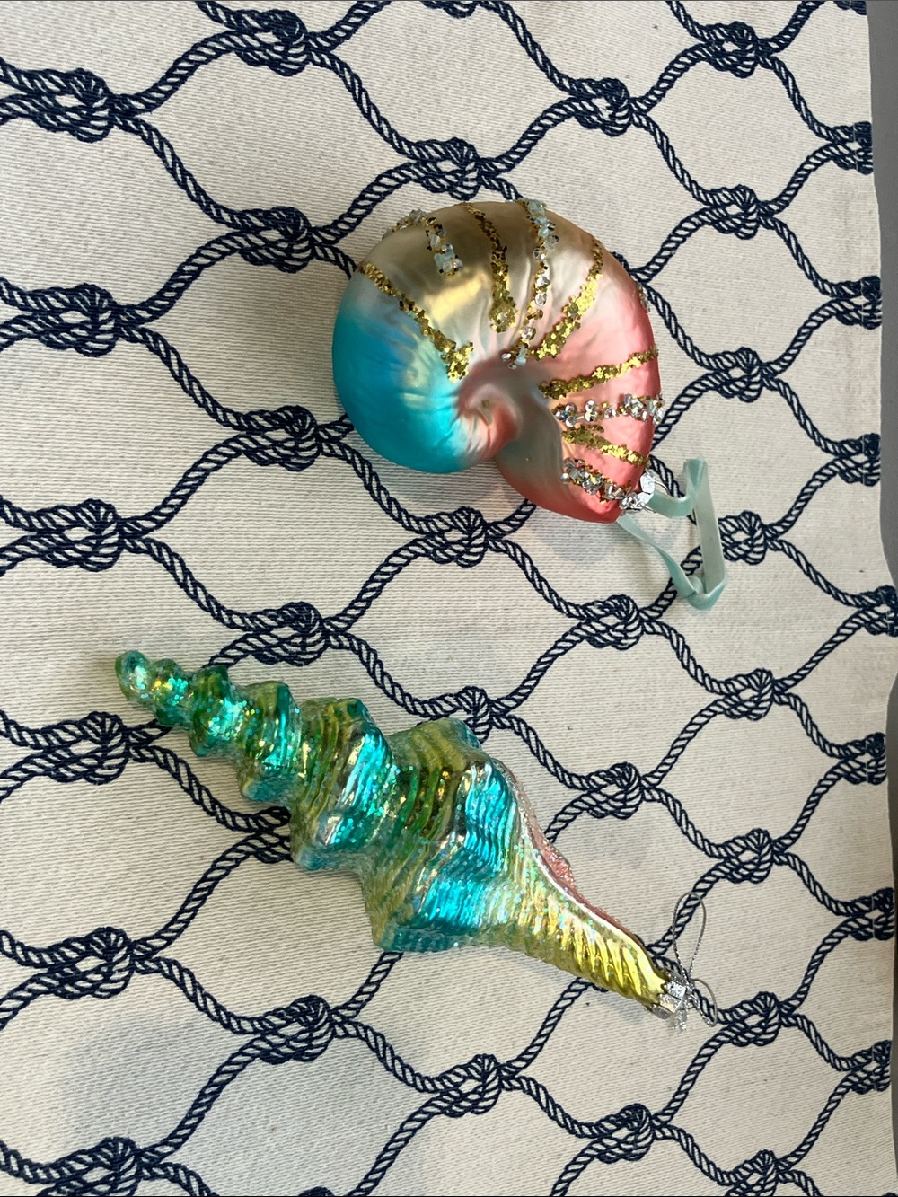 Hand-Painted Glass Nautical Shell Ornaments - Blue, Pink & Gold